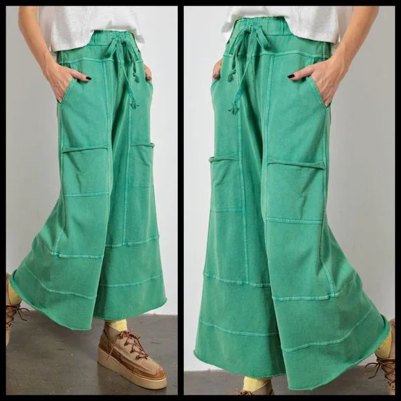 EASEL "Perfect Cargo" Terry Knit Mineral Washed Flared Leg Pants Raw Seams, Hems - Picture 2 of 15